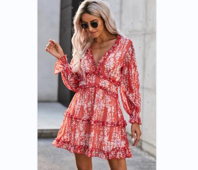 China High Quality Customized Breathable Sexy Elegant Long Sleeve V Neck Ladies Floral Ruffle Double Breasted Casual Dress for sale