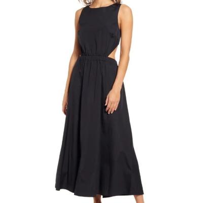 China 2022 New Women's Fashion Cotton Long Dress Solid Color Breathable Round Neck Backless Bow Long Casual Dress for sale