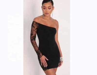 China OEM Washable Women's Sexy Skinny Dress Even Lace Embroidered Floral Black Asymmetrical Dress Club Dress for sale