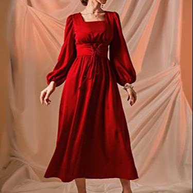 China OEM Anti-wrinkle solid color ladies dress even dress ladies square neck elegant casual square sleeve party sexy long dress for sale