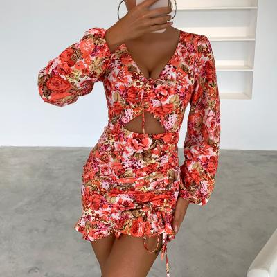 China 2022 Autumn Women's Sexy Skinny Hip Lift Dress V Neck Long Sleeve Ruffle Floral Casual Dress Viable Fashion for sale