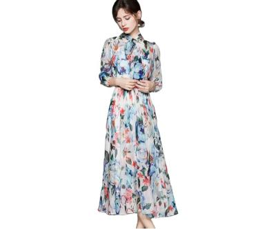 China 2022 Autumn New Chiffon Print Chiffon Flowy Dress Women's ODM Plus Size Dress Custom Made High Quality Anti-static Bow Tie Elegant Decorative Dress Long for sale