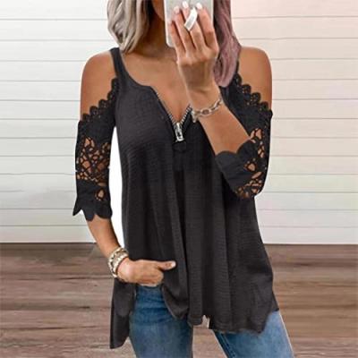 China OEM/ODM Summer Breathable Women Fashion Cotton Shorts Sleeve V-Neck Zipper Lace Top Shirt Casual T-shirt for sale