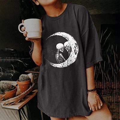 China Summer Oem Pattern Women's Summer Sun Moon Skull Vintage Pattern Printing Cotton Top T-shirt Breathable Short Sleeve O Neck T-shirt for sale