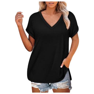 China Custom 100% Cotton V-Neck Anti-Pilling Short Sleeve Side Split Casual Summer Tops OEM Ladies Tee for sale