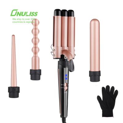 China Automatic Rotating Hair Curling Iron Three Barrel Big Wave Ceramic Ionic Hair Curler Automatic Curling Iron With Triple Barrel Hair Hesitate Hair Curler For Home Use for sale