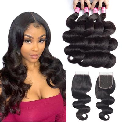 China Hair Bundle With Closure Wholesale Best Virgin Human Hair Sellers , Raw Indian Wholesale Unprocessed Virgin Body Wave Bundles With Frontal Closure for sale