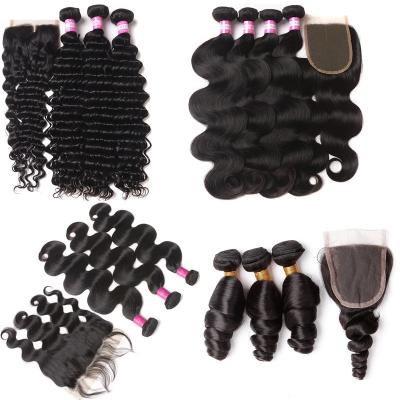 China Human hair bundle with closure Wholesale Vendors Double drawn Human Hair Weave Bundles With Lace Frontals Closure Raw Mink Brazilian Cuticle Aligned Hair for sale