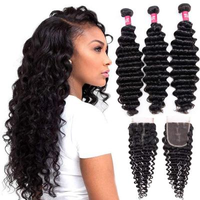 China Hair Bundles 30 Inch 32Inch Indian Virgin Hair Wigs, Brazilian Peruvian Deep Wave Bundles With 3 Part Lace Closure Natural Color for sale