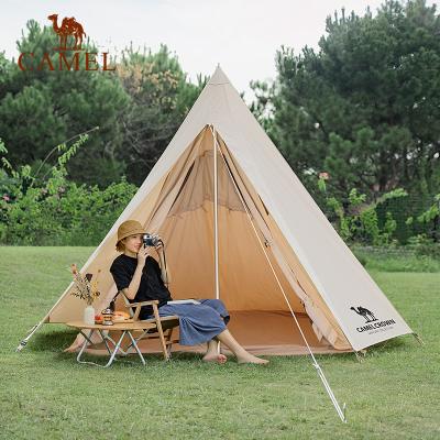 China Luxury Quicksand Golden Canvas Double Layers Camel Tent 4 Person Glamping Tent Durable Cotton Pyramid Warp Camping Bell Tent for sale