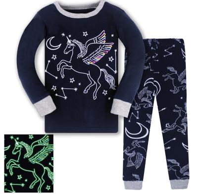 China New Design Thermal Kids Wear 100% Cotton Kids Pajamas Set Night Shinning Unicorn Kids Sleepwear Home Wear Blue for sale