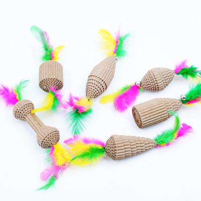 China New Sustainable Pet Cat Toys Claw Artifact Bell Feather Dumbbell Fun Cat Environmentally Friendly Corrugated Paper Funny Grinding Stick for sale