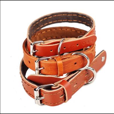 China Viable Spot Dog Collar Wholesale Leather Stitching Cattle Hide Pet Pull Dog Collar for sale