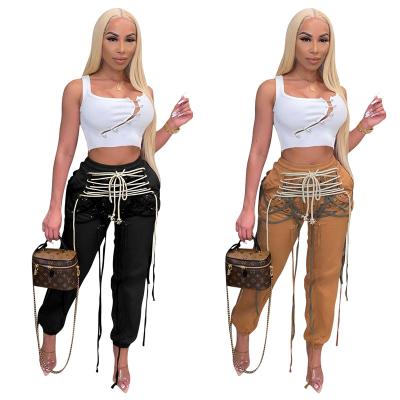 China Soft QUICK DRY clothes 2021 new arrivals bandage string women waist pants high for sale