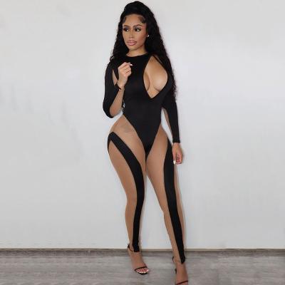 China Black Mesh Jumpsuit Overalls Sexy Cut Out Playsuit Women Patchwork QUICK DRY Overalls for sale