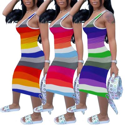 China Anti-Static Casual Dresses Rainbow Striped Printed Sundress Plus Size Women Dresses for sale