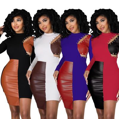 China 2021 Autumn Anti-Static Clothing Dresses Patchwork Leather Lace Hollow Out Bodycon Dress Party Wear Dresses for sale