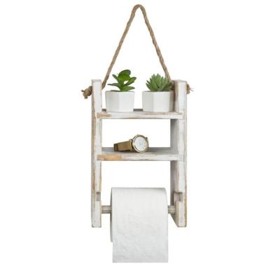 China Wooden Roll Dispenser Wall Mounted Toilet Paper Dispenser Rustic Nostalgic White Washed Ladder Tissue Paper Holder for sale