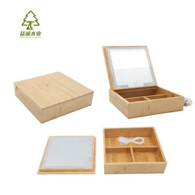 China Sustainable Custom Makeup Cosmetic Organizer Bamboo Logo Make Up Box With Mirror Led Touch Sensor for sale