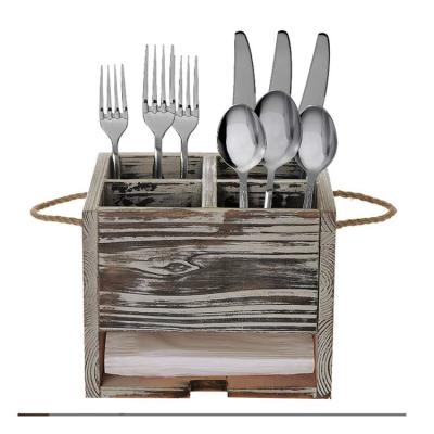 China 4 Cell Paulownia Gray Kitchen Tableware Storage Box Wooden Cutlery Storage Rack With Napkin Holder for sale