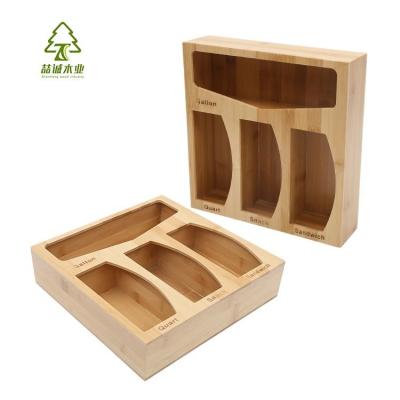 China Compatible Natural Bamboo Food Bag Dispenser Stocked Ziplock Storage Box for Kitchen Drawer for sale