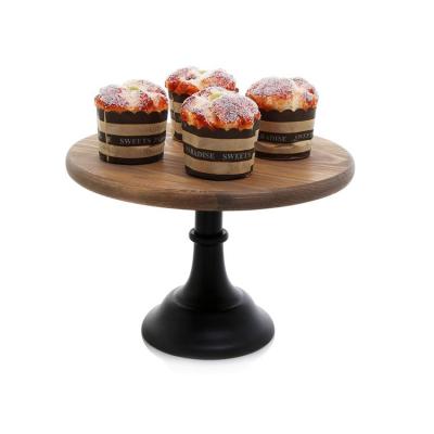 China Sustainable 12 Inch Round Burnt Brown Wooden Cake Dessert Base Round Cake Stand With Black Base for sale