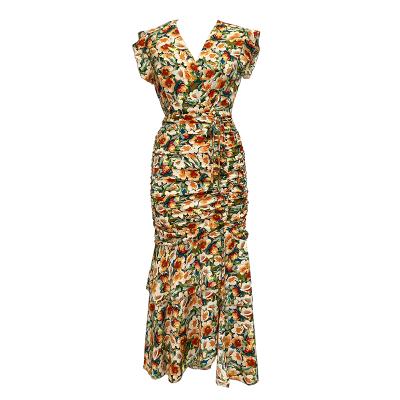 China Anti-Static Halter V-Neck Ruffle Split Daily Casual Dress Party Wedding Dress Floral Print Kitenge Dress for sale