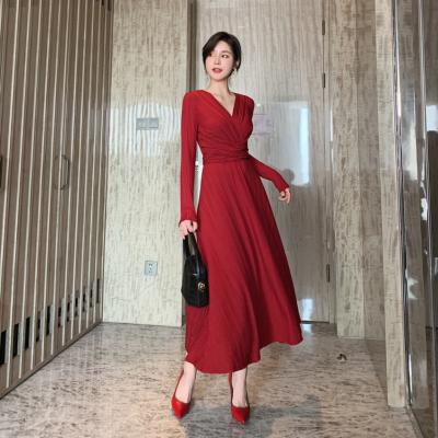 China Breathable Autumn Ladies Maxi Dresses Long Sleeve Celebrity Bridesmaid Dress Red Dresses for sale