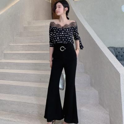 China New QUICK DRY Women's Pants Style One Neck Lace Top And Flare 2 Piece Overalls for sale