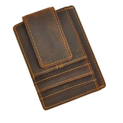 China Fashion New Design Crazy Horse Magnet Business ID Leather Slim Card Holder with Money Clip for sale