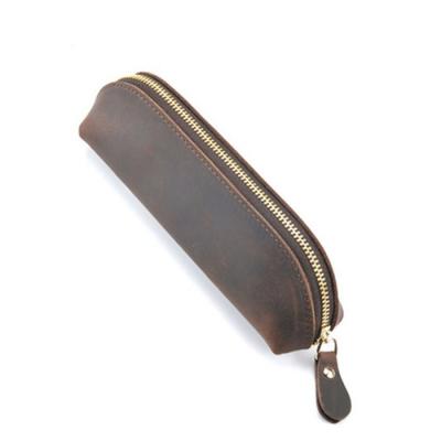 China Luxury High Quality Full Grain Crazy Horse Stationery Box Pen Pouch School Bag Pencil Leather Case for sale