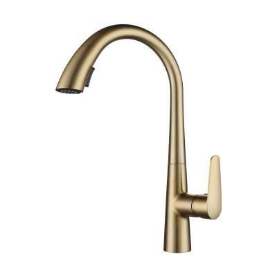 China Modern Deck Mounted Pull Out Single Handle Luxury Kitchen Faucets Pull Down Spray Kitchen Faucet Brass Gold for sale