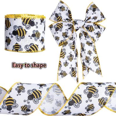 China Natural Honey Bee Wired Edge Ribbon, Cute Bee and Polka Dot Print Ribbon for Garland, Gift Wrap and Party Decoration for sale