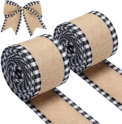 China Rustic Buffalo Style Plaid Wired Edge Wrapping Christmas DIY Burlap Fabric Craft Ribbon Rolls of Ribbons with Black and White Checkered Edge for sale