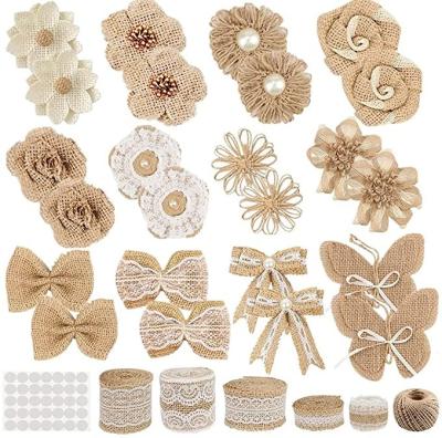 China Natural Handmade Burlap Flowers and Bow, Burlap Lace Ribbon Rolls, Twist Glue Dots Burlap Jute Ribbon for sale