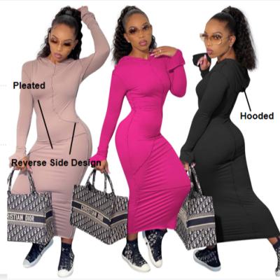 China New Anti-wrinkle Women Clothing Pleated Solid Color Long Sleeve Maxi Hooded Bodycon Women Autumn Casual Dress for sale