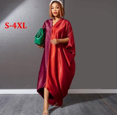 China Anti-wrinkle spring elasticity splicing two color patchwork ladies Maxi Asymmetrical African Loose Dress long for sale