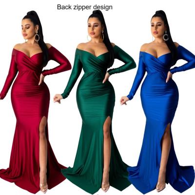 China Fashion Anti-Static Zipper Back Strapless Slit Sheath Long V Neck Women Dress Prom Pleated Long Party Dress for sale