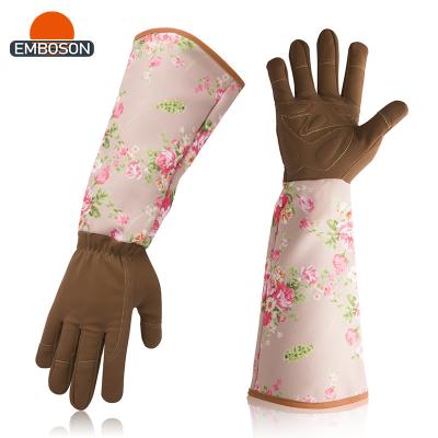 China Landscaping China Factory Gauntlet Nubuck Garden Glove Printed Canvas Fabric Long Cuff Nubuck Garden Glove for sale