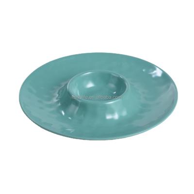 China Durable Solid Color Heavy Colored Melamine Round Chip And Dip Serving Tray Platter Sets Teal for sale