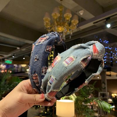 China Trendy Fashion Ripped Side Knotted Personality Non-slip Headband Hair Accessories Wide Line Denim Art Headband Senator for sale