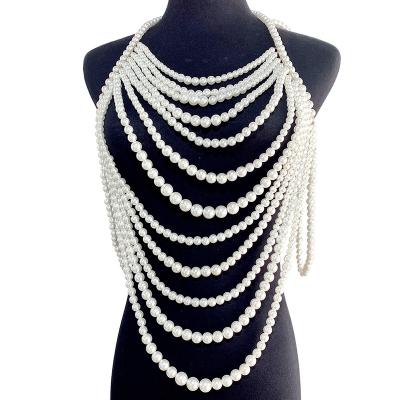 China Wholesale PU Leather Wedding Dress Accessories Bead Necklace Long Multilayer Beaded Sweater Chain Exaggerated Large Body Chain for sale