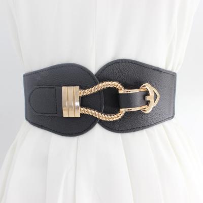 China Hot Sale Vintage Cloth Elastic Metal Buckle Wide Belts For Women Casual Elastic Waistbands For Dress Fashion Ladies Coat Belt for sale