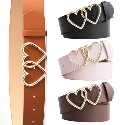 China New double ALLOY love heart belt leisure jeans fashion dress women leather belt simple solid color girls adjustable waist strap for sale