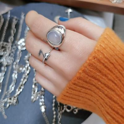 China Vintage 925 Adjustable Size Silver Oval Gemstone Ring Female Vintage Personality Open Ring For Women for sale