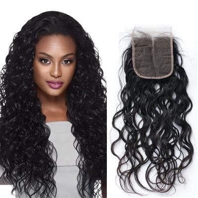 China Premium 4x4 Water Wave Frontal Closure Natural Water Wave Premium Raw Hair Cuticle Aligned Brazilian Transparent Lace Closure for sale