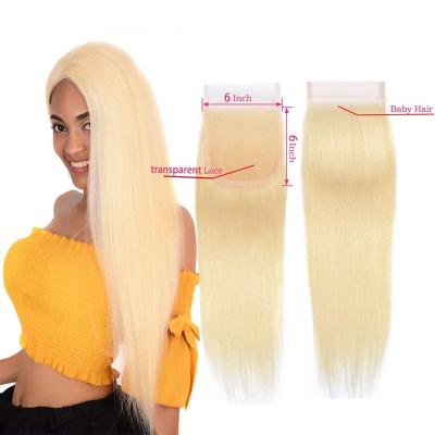 China Good Quality Silky Straight Wave Blonde Color 4x4 5x5 Swiss Sheer Lace Closure 613 Pre Plucked HD Lace Closure for sale