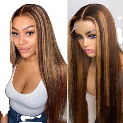 China Silky Straight Wave Super Thick More Density Bone Silky Cuticle Aligned Hair Balayage Highlight Pre Plucked Transparent Lace Front Hair Wig for sale