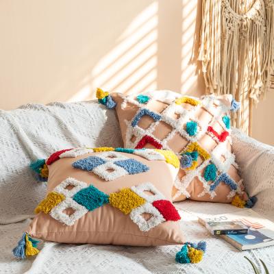 China Home Tassel Sofa Pillow Cushion Cover Embroidery Living Room Cotton Linen Anti-static Ethnic Tufted Pillow Cover for sale