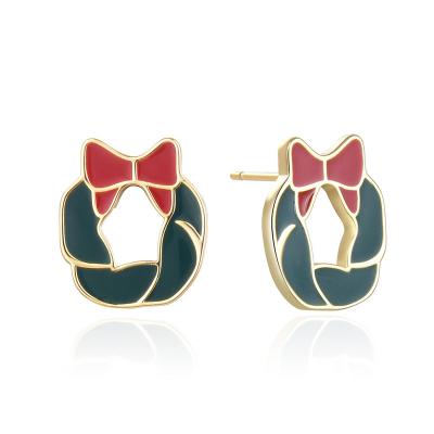 China Custom Christmas Gift Brass Copper 18K Gold Plated Enamel Christmas Flower Stud Earrings for sale